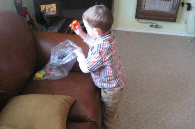 Rainy Easter, so we had to hide and hunt eggs indoors ~ April 12, 2009