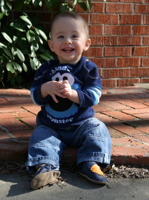 Modeling his birthday outfit from Auntie Kristin ~ January 26, 2007