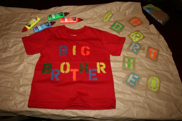 Working on our Big Brother shirt ~ August 28, 2008