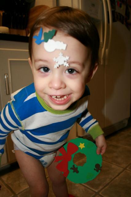 He tore up his Christmas wreath to make forehead stickers ~ February 8, 2008
