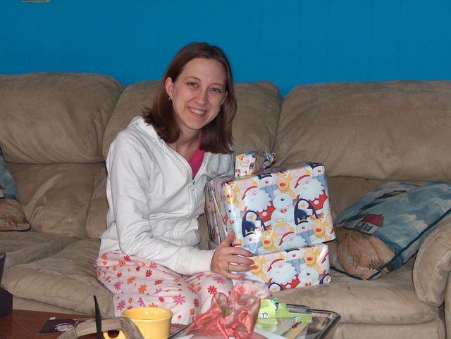 Abby & her stack of presents
