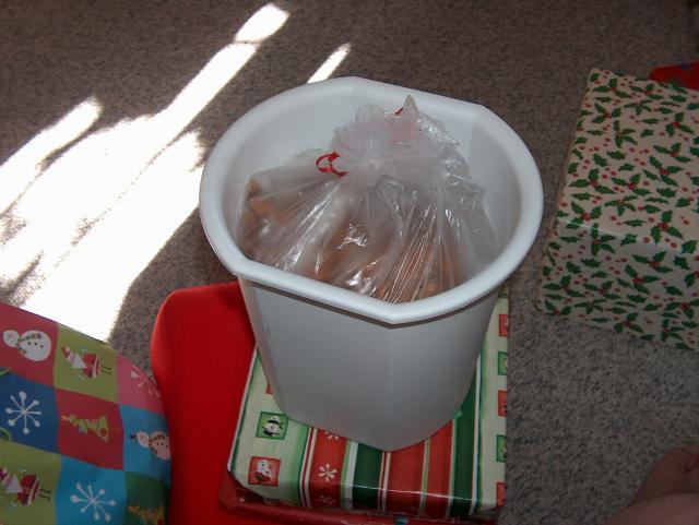 Ha ha, a trash can full of "trash" (a.k.a. Chex mix)