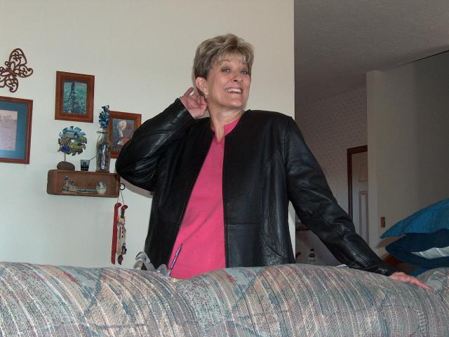 Gammy modeling her new leather jacket