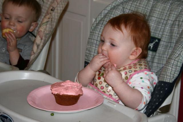 She got banana at Sam's birthday and cottage cheese at Tyler's birthday, and finally, Elyn gets some cake!
