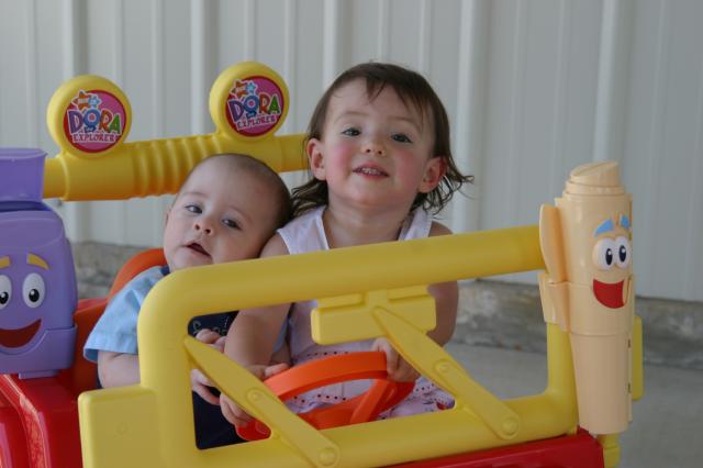 Don't worry, they stayed in one place, thanks to Jake and Judy holding the front of the car (while Gracie floored the gas pedal and the tires spun)