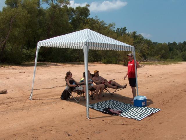 Chatting under the beach tent (Abby, Kelli, Steve & Kyle)