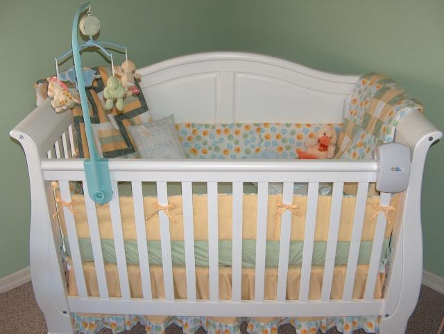 A closer shot of Baby Cantrell's custom made bedding and quilts