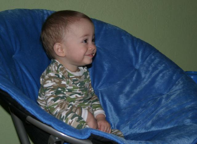 He's figured out how to get in the papasan chairs