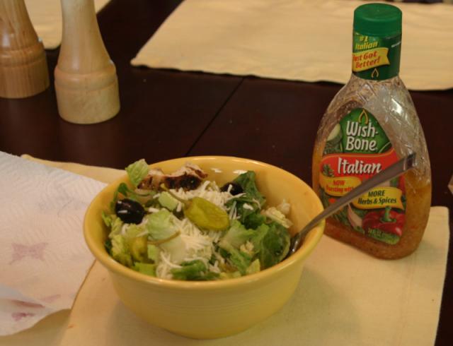 Jake's lunch: salad made from leftovers!