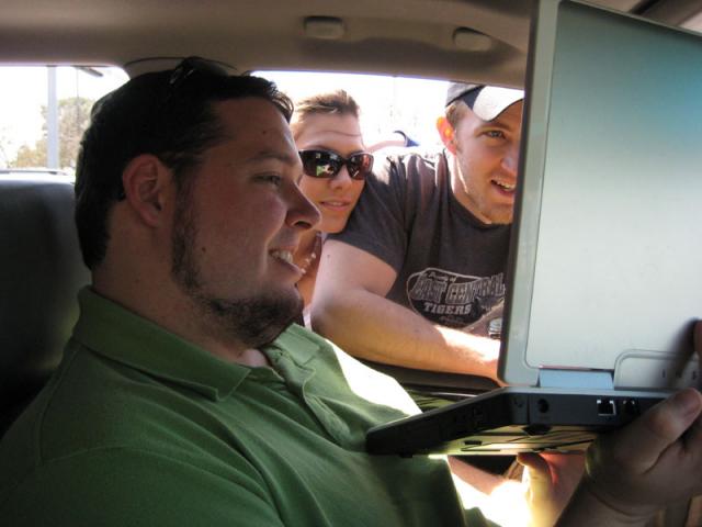 Watching Jake's virtual office tour while we wait in line