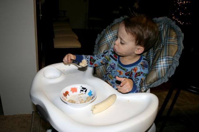 Birthday breakfast -- he was going to get pancakes, but he asked for cereal. Birthday boy gets what birthday boy wants!