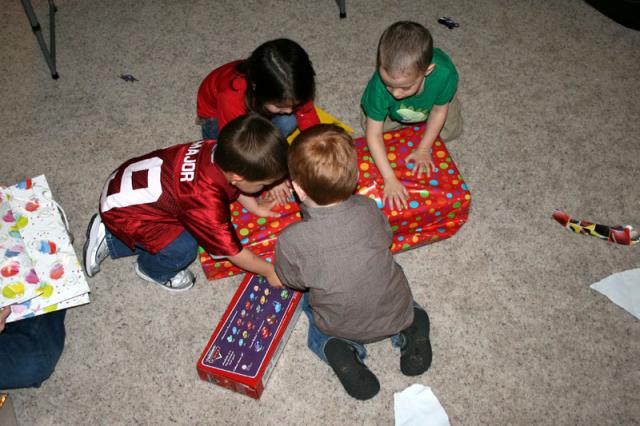 Opening presents was a group effort