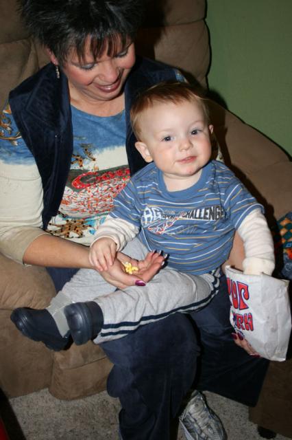 Sam snacking on some popcorn