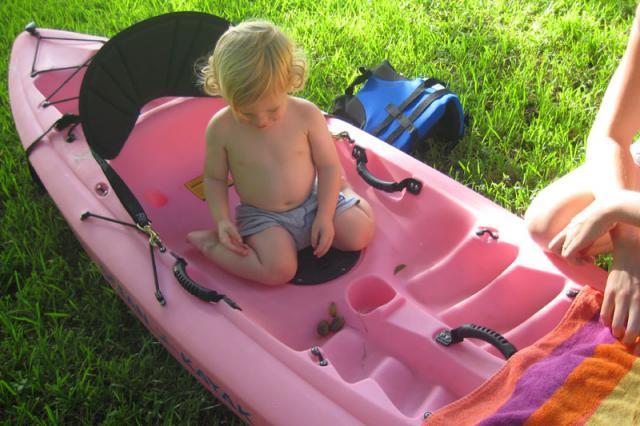 Jackson tries out the pink canoe